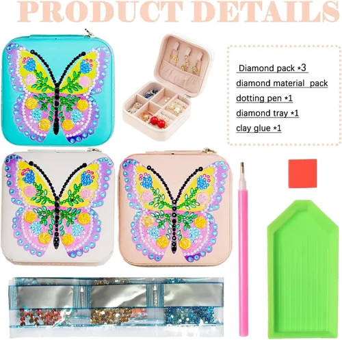 Vista 2 de Paquete de 3 joyeros de viaje de mariposa para niñas, pintura de diamantes, mini estuche de viaje para joyas, estuche organizador de viaje y soporte