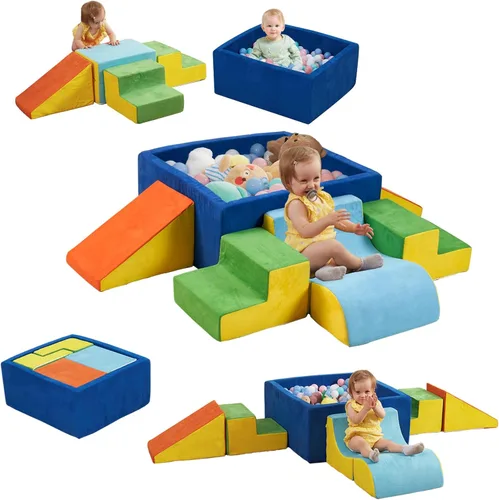 Vista 9 de STAOLENE Bloques de escalada de espuma suave con pozo de bolas, 6 juguetes de escalada de interior beige y rosa para niños pequeños, juego