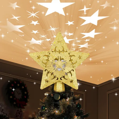 Vista 8 de AOMIL Adorno para la punta del árbol de Navidad, proyector de patrón giratorio 3D para adorno de árbol de Navidad, diseño hueco, decoraciones