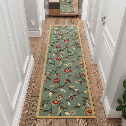 Vista 49 de Ottomanson, colección OttoHome, tapete para corredor con diseño azul claro y damasco (antiderrapante), parte trasera de goma Floral Beige