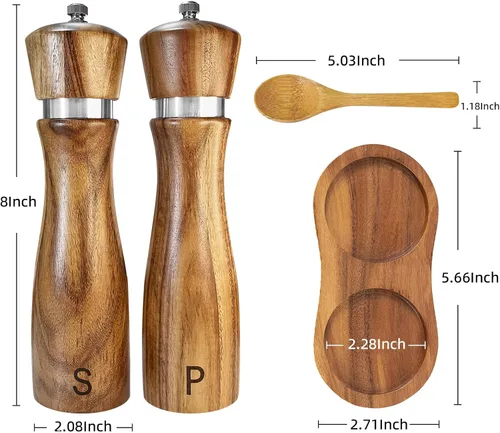 Vista 5 de Juego de molinillo de sal y pimienta de madera: molinillo de pimienta manual, grosor ajustable, hecho de madera de acacia con núcleo