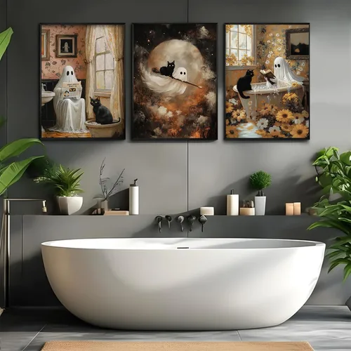 Vista 7 de 3 pósteres de fantasmas de Halloween, arte de pared divertidos de fantasmas y gatos negros, lienzo para decoración de pared, arte de terror gótico