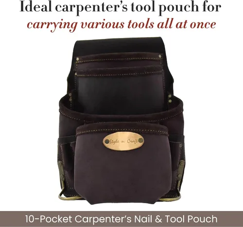 Vista 2 de Style n Craft Bolsa de herramientas y uñas de carpintero de 10 bolsillos, bolsa de herramientas de cuero resistente, perfecta y duradera, bolsa