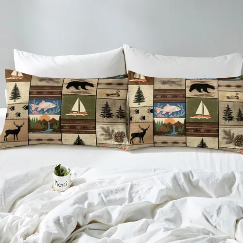 Vista 9 de Juego de sábanas de cabaña retro marrón tamaño individual, juego de sábanas de retazos, oso del bosque, ciervos, juego de ropa de cama de madera