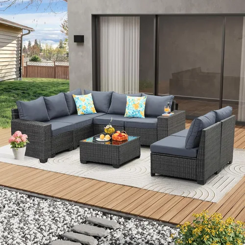 Vista 29 de JOYURE Juego de muebles de patio de 5 piezas, para todo tipo de clima, para exterior, sofá seccional de mimbre, sofá de ratán para patio con cojín