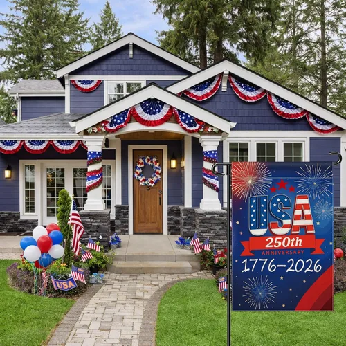 Vista 8 de Bandera de jardín con el 250 aniversario de Estados Unidos, bandera de Estados Unidos del 250 aniversario 1776-2026, bandera patriótica