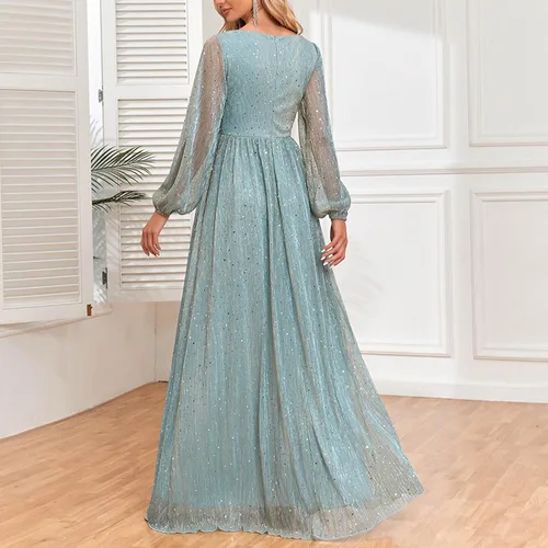 Vista 8 de Vestido bohemio para mujer, Brillante, Vestidos Fiesta cóctel, lentejuelas, fluido, largo, midi, cintura fruncida