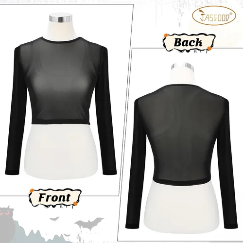 Vista 4 de JASGOOD Camiseta corta de malla para mujer, de manga larga, transparente, blusa transparente