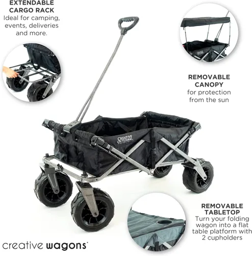 Vista 4 de Cochecito creativo para exteriores, carrito de playa XXL Deluxe con toldo, carrito plegable plegable y portátil, soporta hasta 200 libras