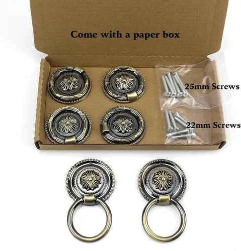 Vista 2 de Tiradores de cajones antiguos de bronce de 1.77 pulgadas para gabinete, 6 paquetes Anillos de tracción, manijas redondas para cajones, perilla
