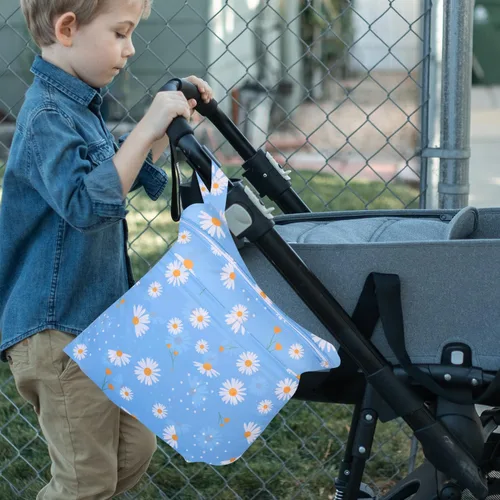 Vista 5 de 3 bolsas para pañales de tela para bebé, impermeables, reutilizables, con 2 bolsillos con cremallera y asa, bolsas de lavandería lavables