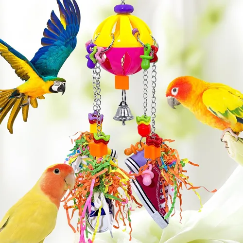 Vista 2 de Juguetes de pájaros, loro colorido jalar, tenis masticables de acrílico para amazonas, mini guacamayos, grises africanos, cacatúas, conures
