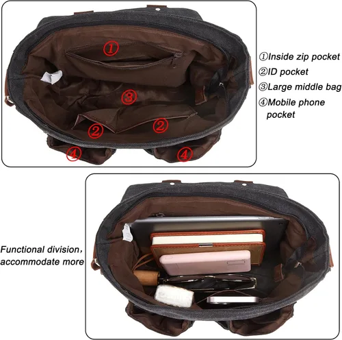 Vista 4 de Bolsa de mensajero para hombre, bolso de hombro de lona, bolso cruzado vintage de 13.3 pulgadas para laptop