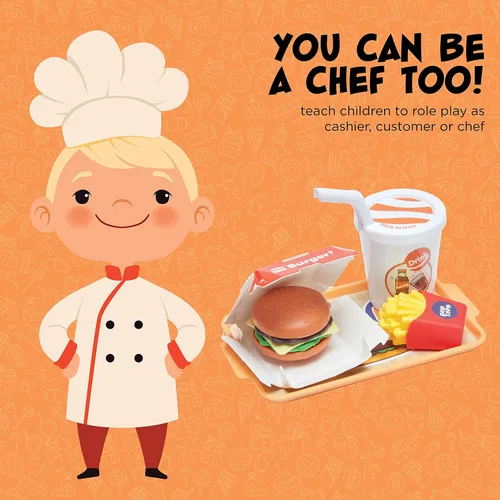 Vista 6 de Juego de hamburguesas con menú de juguete, juego de cocina para niños, soporte retro para comedor para niños, juego de cocina para niños pequeños