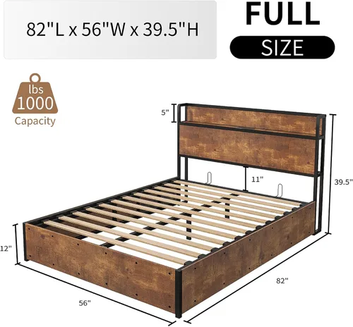 Vista 2 de LUXOAK Cama de almacenamiento elevable de tamaño matrimonial, marco de cama de plataforma de madera con cabecera de almacenamiento y estación