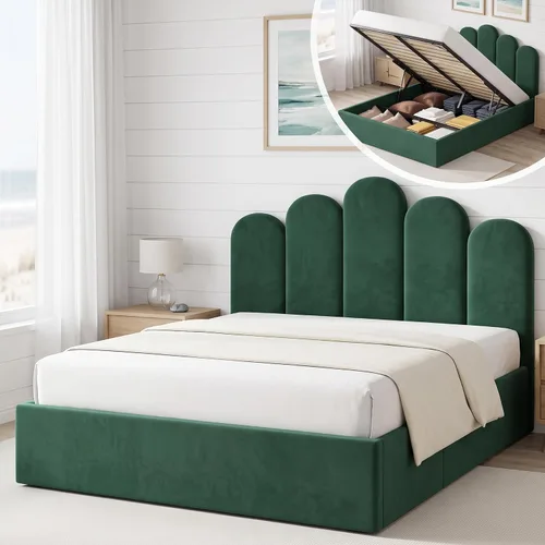 Vista 14 de Cama de almacenamiento de elevación completa, marco de cama de terciopelo con cabecero, color crema