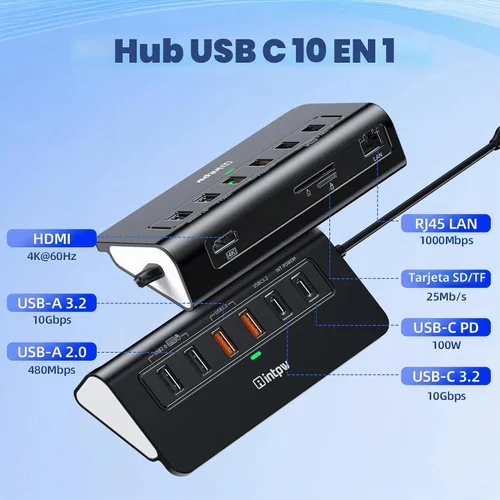 Vista 2 de intpw P9R PRO USB C Hub Ethernet, Estación de acoplamiento USB C de 10Gbps 10-en-1 con HDMI 4K@60Hz, Tipo-C y 2 USB A 3.2 Datos, LAN, 2 USB A 2.0