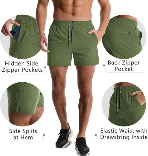 Vista 4 de Lempue Paquete de 2 pantalones cortos deportivos para hombre de 5 pulgadas, de secado rápido, pantalones cortos de entrenamiento para gimnasio