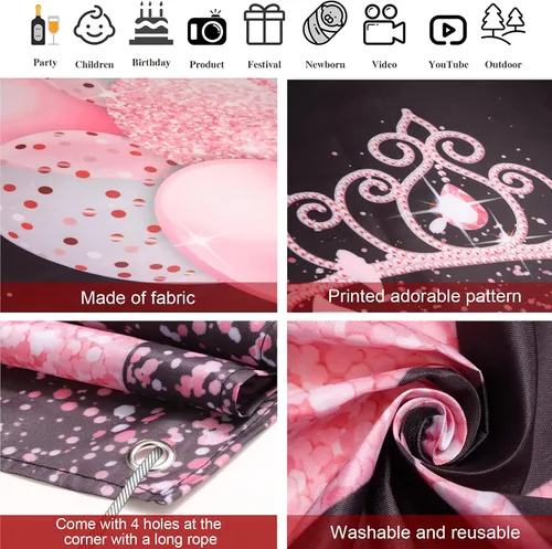 Vista 3 de Sumind Decoración de pancarta de feliz cumpleaños, fondo de cumpleaños negro y rosa, 6 x 3.6 pies, oro rosa y negro, decoraciones de fiesta