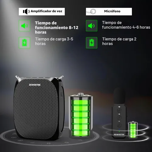 Vista 4 de ZOWEETEK Amplificador de voz inalámbrico con micrófonos de mano y Lavalier para profesor Megáfono portátil, altavoz Bluetooth, recargable