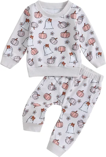 Vista 22 de YINGISFITM Conjunto de camisa de calabaza de Halloween para bebé, niña, niño, sudadera y pantalones para otoño e invierno