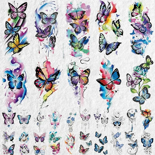 Vista 2 de Cerlaza 79 hojas de tatuajes de mariposa 3D temporales realistas para mujeres adultas, tatuajes falsos de acuarela, calcomanías temporales