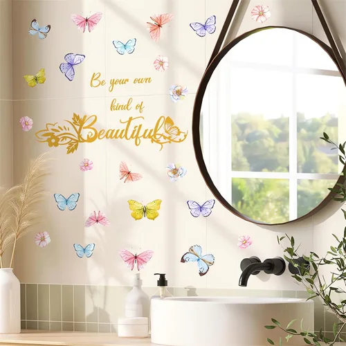 Vista 4 de Calcomanías de pared con eslogan de mariposas coloridas, hermosas calcomanías de pared extraíbles de vinilo extraíble para sala de estar