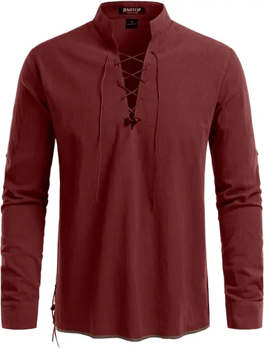 Vista 8 de JEMITOP Men's Pure Cotton Renaissance Lace Up Shirt Verde militar