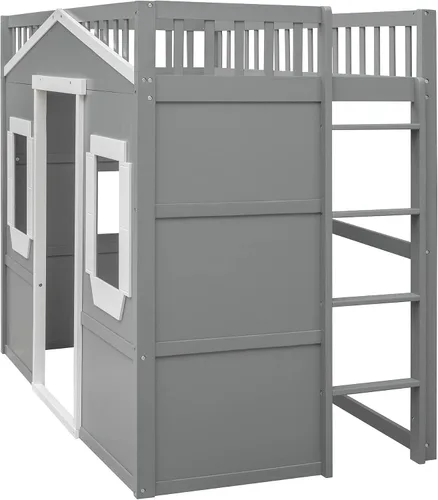 Vista 5 de Cama tipo loft de tamaño individual, cama individual de madera con escalera, gris+blanco