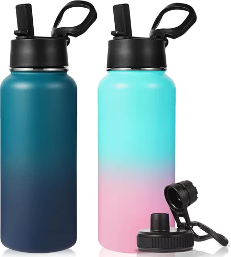 Vista 16 de Neihepal Botella de agua aislada de 32 onzas con 2 tapas (tapa con pajilla y boquilla), botellas de agua de doble pared de acero inoxidable 18/8