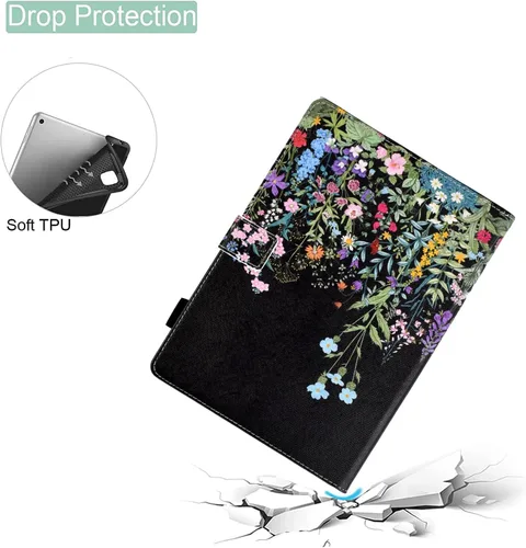 Vista 3 de Funda para tablet Fire HD 8 (8ª/7ª/6ª generación, versión 2018/2017/2016), funda protectora de piel sintética con función atril y encendido Flores