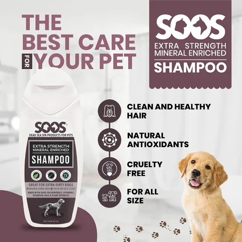 Vista 4 de Soos Champú para mascotas extra fuerte para gatos y perros, champú natural enriquecido con minerales del Mar Muerto, absorción rápida con vitaminas
