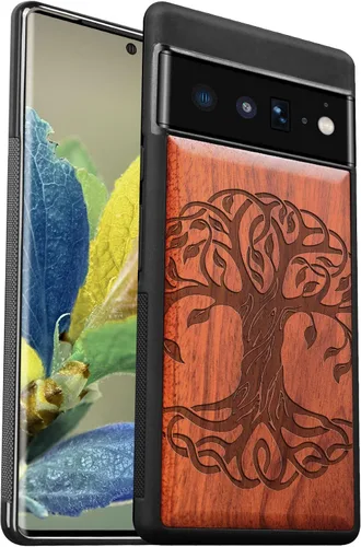 Vista 13 de Carveit Funda de madera para Pixel 6 [madera real dura y TPU suave] a prueba de golpes, funda protectora híbrida única y elegante de madera