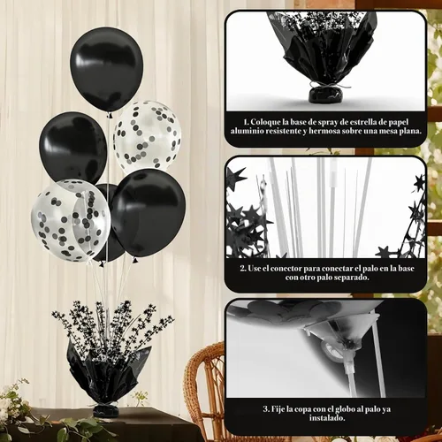 Vista 6 de 2 Juego de Globos de Mesa Negros con Spray de Aluminio para Centro de Mesa con Globos Negros y de Confeti, Kit de Soporte para Decoración de Mesa