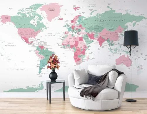 Vista 4 de Murwall Map Wallpaper Political World Map Wall Mural Pink Map Wallpaper Green Map Wall Mural Living Room