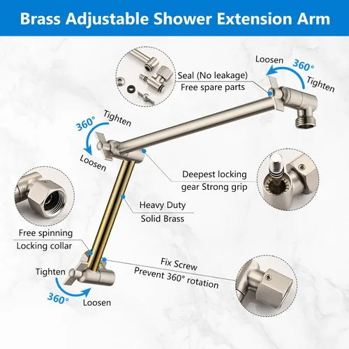 Vista 2 de PDPBath Brazo de extensión de cabezal de ducha de latón de 16 pulgadas, extensor de brazo de ducha ajustable en altura y ángulo flexible con juntas