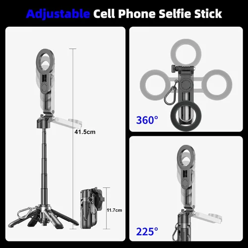 Vista 2 de Soporte de trípode Magsafe para iPhone, portátil de tamaño de bolsillo para selfie con control remoto recargable y anillo de metal, trípode