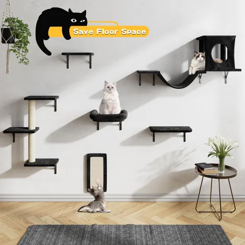 Vista 4 de NUNU LAB Estantes de muro para gatos, juego de 6 piezas de lujo montado en la pared, muebles para gatos interiores con 1 casa tipo condominio, 2