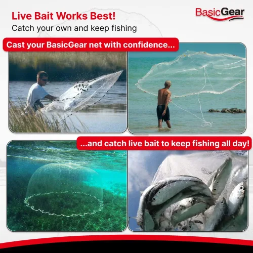 Vista 4 de BasicGear Red de Atarraya Radio de 3-12 pies, malla de 3/8 o 1/4 pulgadas para peces de cebo de agua dulce y salada Grado profesional