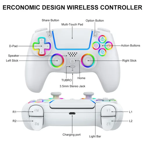 Vista 7 de BUERTT For PS5 Controller Wireless,Compatible with PS5 Pro/Slim/PC,Wireless Controller with 7 Colors RGB Light,Dual Vibration, Macro/Turbo Function