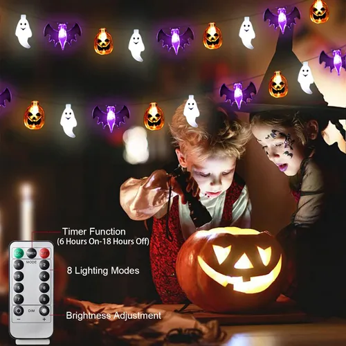Vista 6 de Zimati Luces decorativas de Halloween, 16 pies, 30 LED, impermeables, 3D, calabaza, murciélago, fantasma, funciona con pilas, con temporizador, 8
