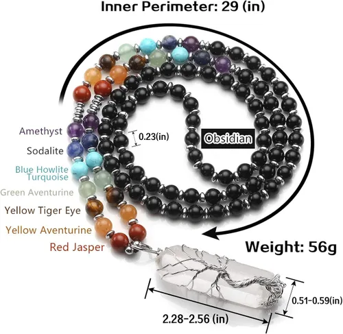 Vista 6 de Jovivi Collar de cristales curativos naturales de 7 chakras envuelto en alambre de cuarzo transparente colgante de árbol de la vida curativo