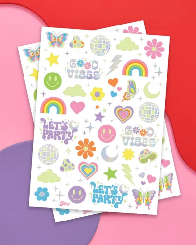Vista 2 de xo, Fetti Groovy Disco que brilla en la oscuridad + tatuajes temporales de aluminio – 82 piezas Suministros de fiesta de cumpleaños Flower Power