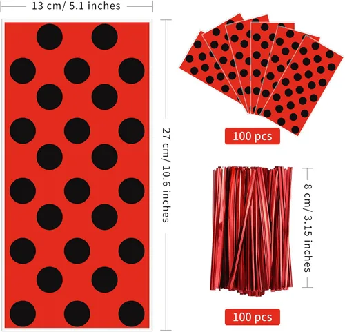 Vista 2 de Lecpeting 100 bolsas de golosinas de mariquita, bolsas de dulces de celofán con lunares rojos y negros, regalos de fiesta de mariquita con lazos