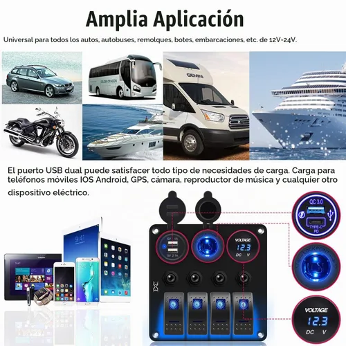 Vista 8 de FXC Panel de interruptor basculante azul de barco marino impermeable de 4 vías con enchufe USB QC3.0 y ranura tipo C + encendedor de cigarrillos +