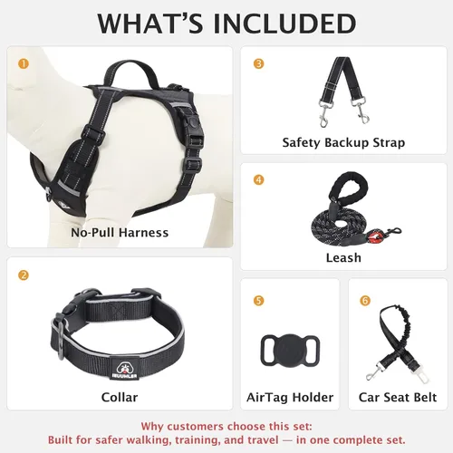 Vista 2 de IEUUMLER Arnés para perro sin tirones, chaleco reflectante con clip frontal con correa, cinturón de seguridad y correa de seguridad de respaldo, asa
