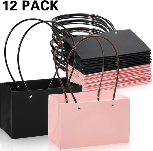 Vista 7 de DEAYOU Paquete de 12 bolsas de regalo de flores de papel kraft, caja de ramo con asa, pequeñas bolsas de papel con forro impermeable para arreglos