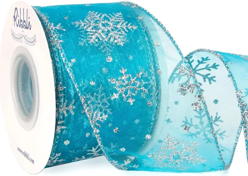 Vista 11 de Ribbli Cinta con alambre de purpurina de copo de nieve, organza dorada transparente con patrón de copo de nieve con purpurina dorada y borde