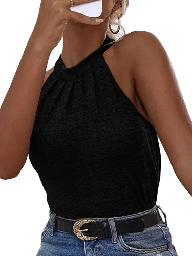 Vista 4 de Rooscier Blusa sin mangas plisada sin mangas con cuello halter para mujer