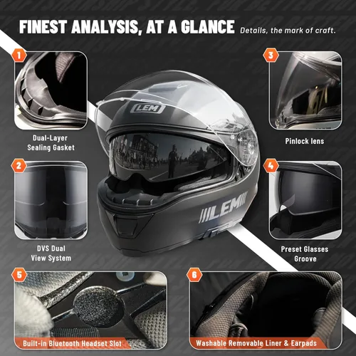 Vista 2 de LEM Cascos de motocicleta de cara completa, cascos para hombres, con certificado DOT, PINLOCK y DVS de doble visión, casco de motocicleta de calle